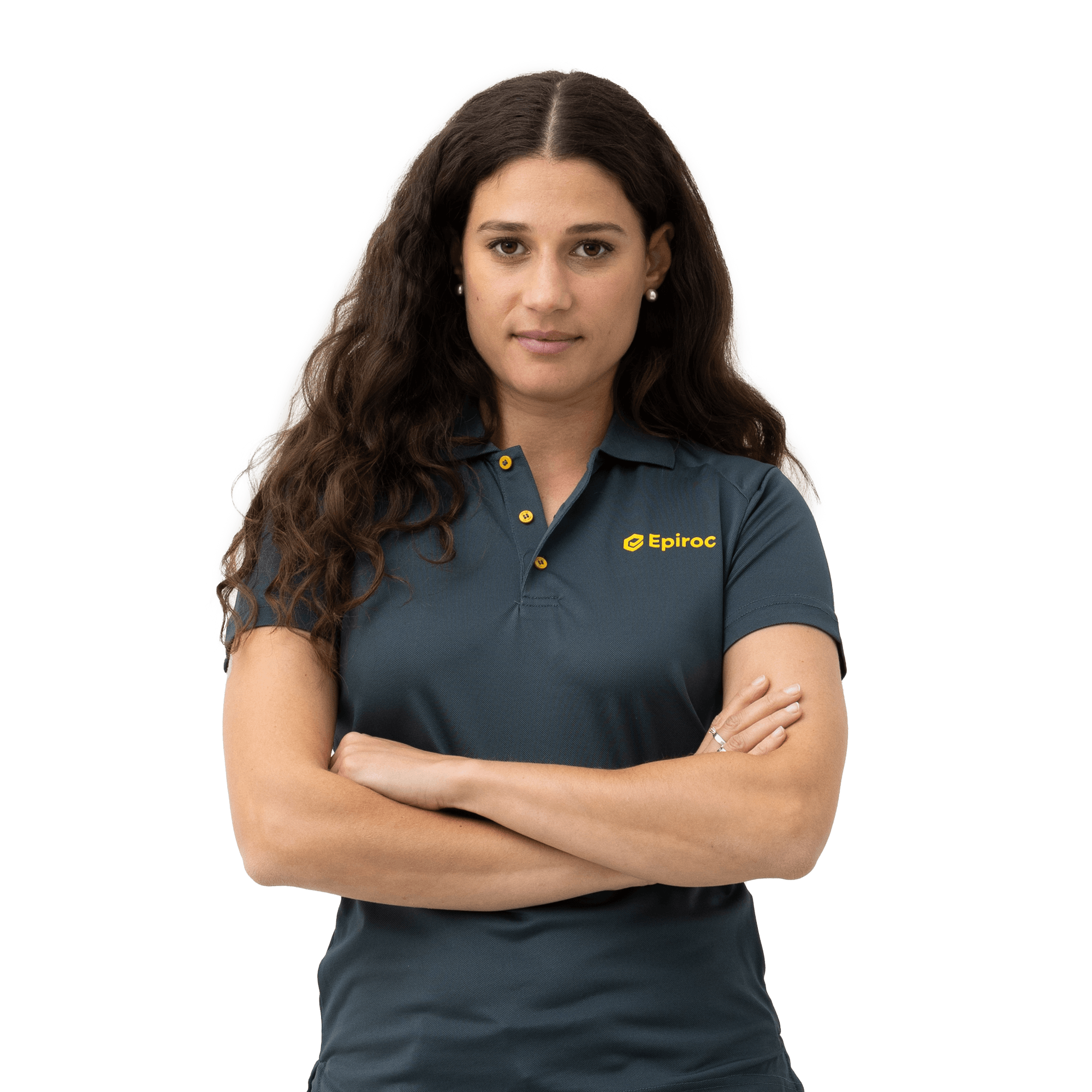 grey polo shirt with epiroc logo in yellow on female model