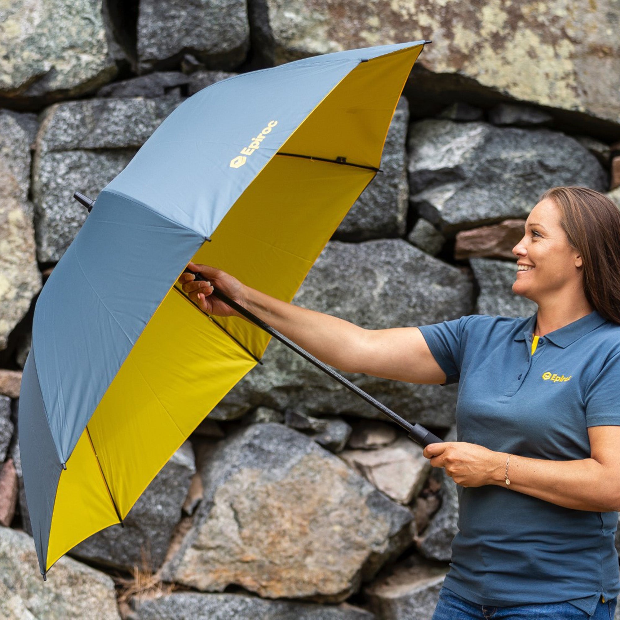 grey epiroc umbrella with yellow inside