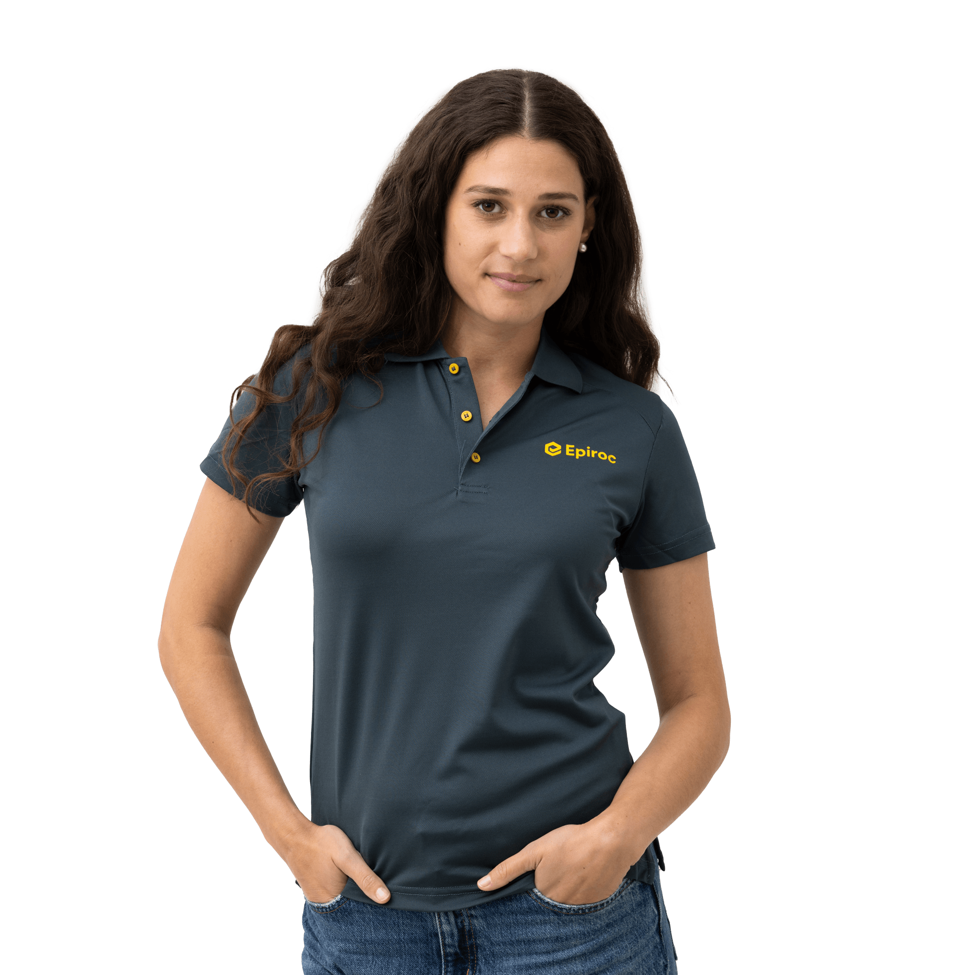 grey polo shirt with epiroc logo in yellow on female model