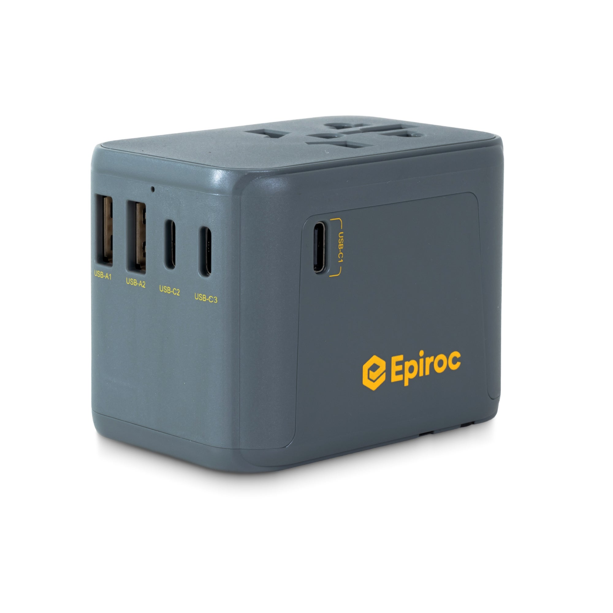 grey travel adapter with yellow epiroc logo