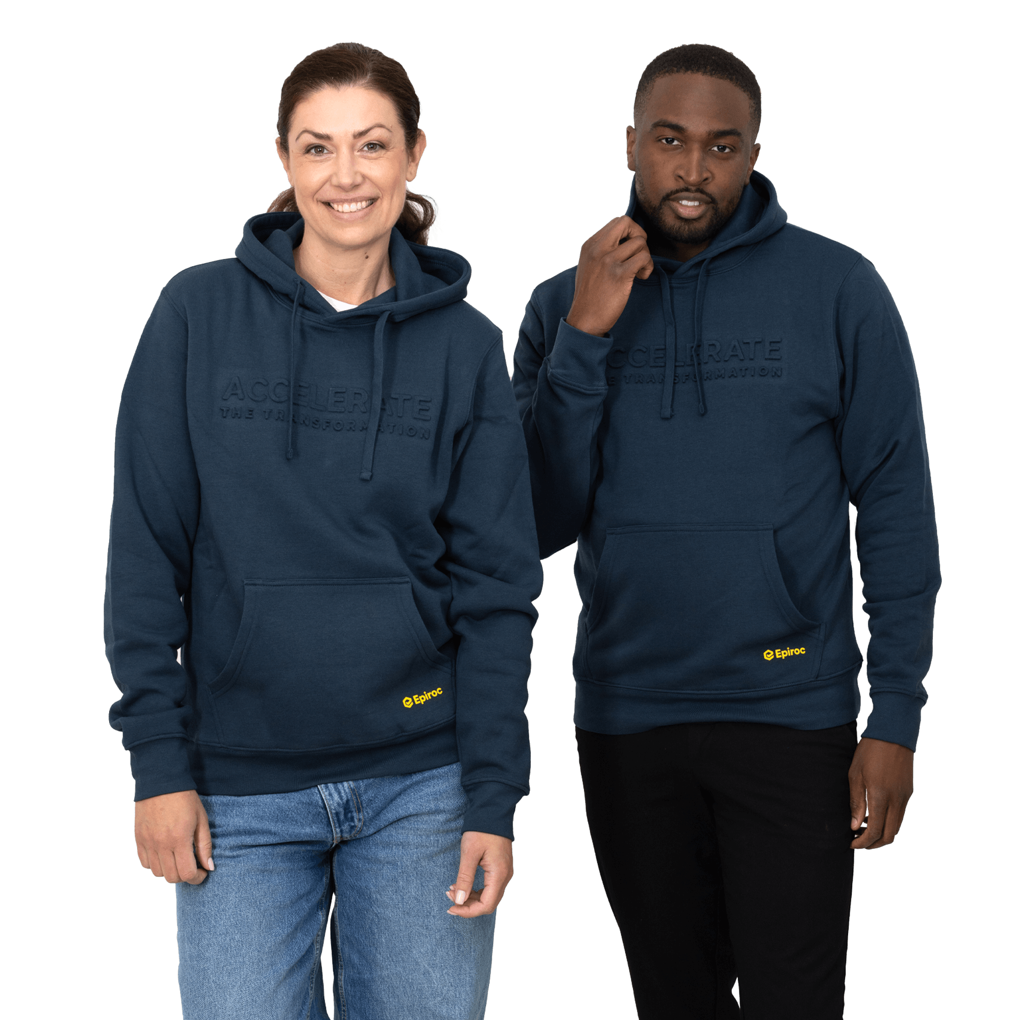 grey hoodie with accelerate text and epiroc logo with two models
