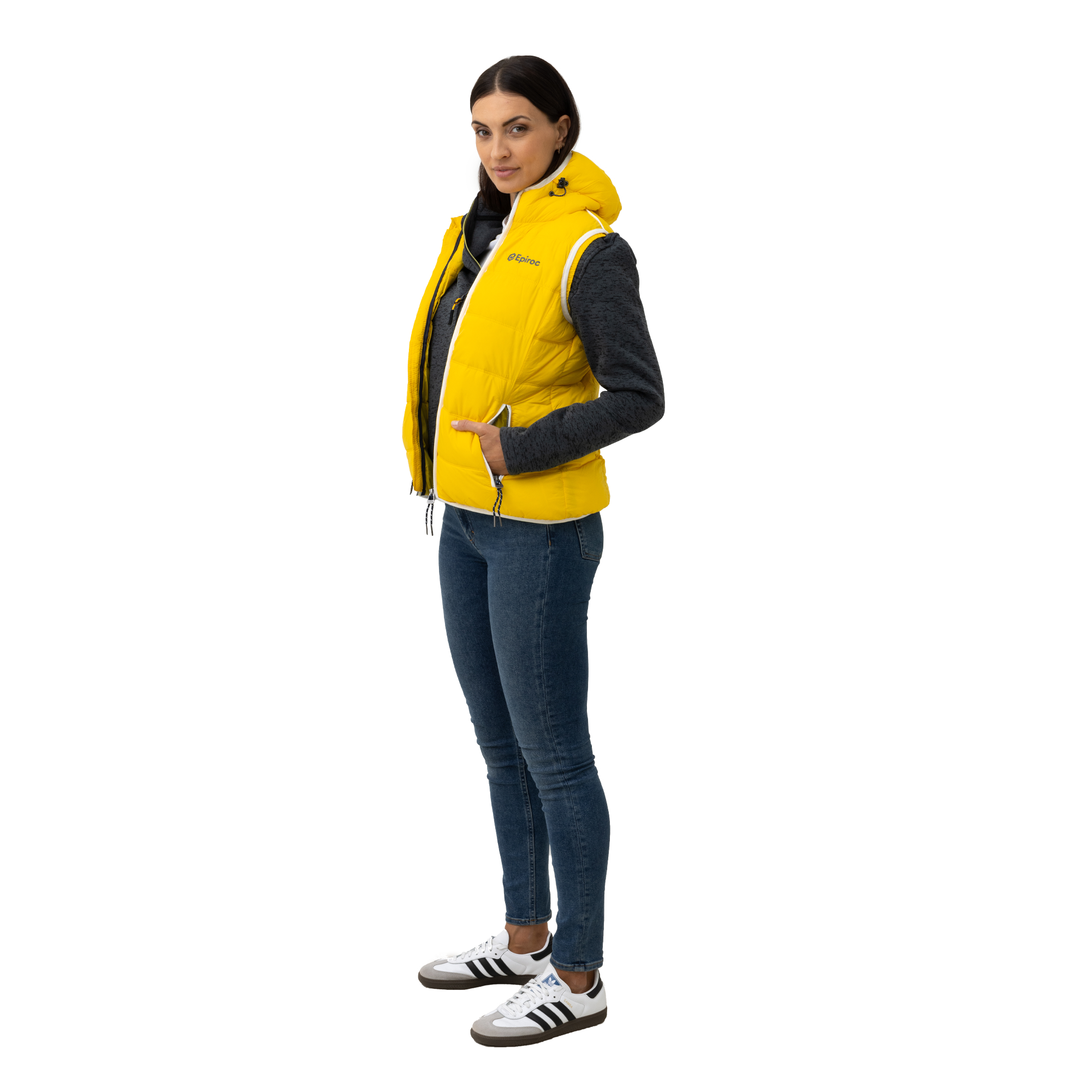 yellow epiroc padded vest with grey logo sideview