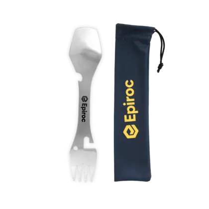 spork with engraved epiroc logo and sleeve