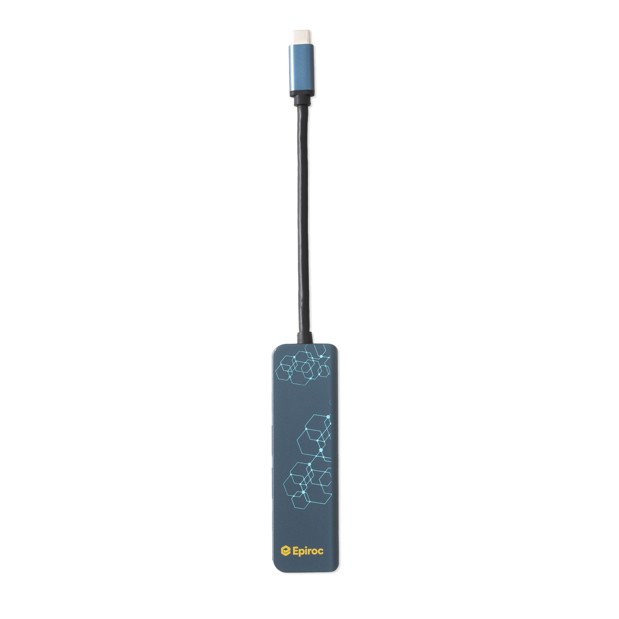 usb hub in grey with connectivity pattern and yellow epiroc logo