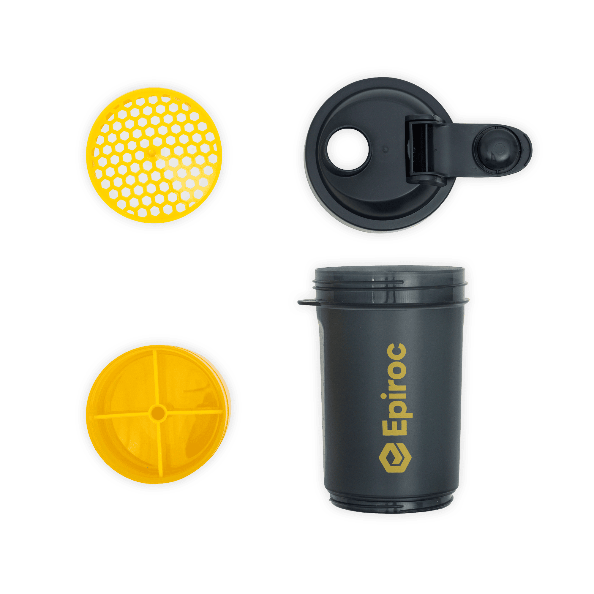 grey and yellow apiroc shaker bottle with bottom containers