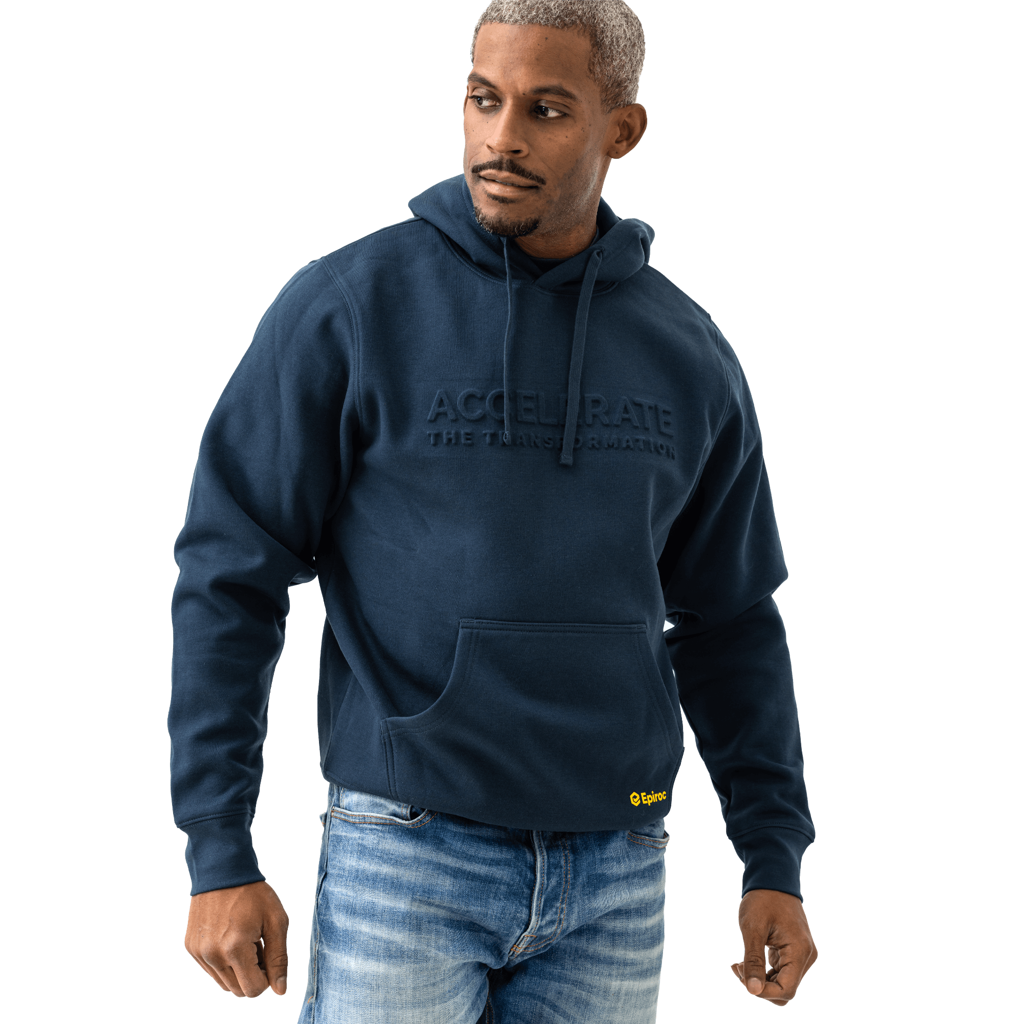 grey hoodie with accelerate text and epiroc logo on male model