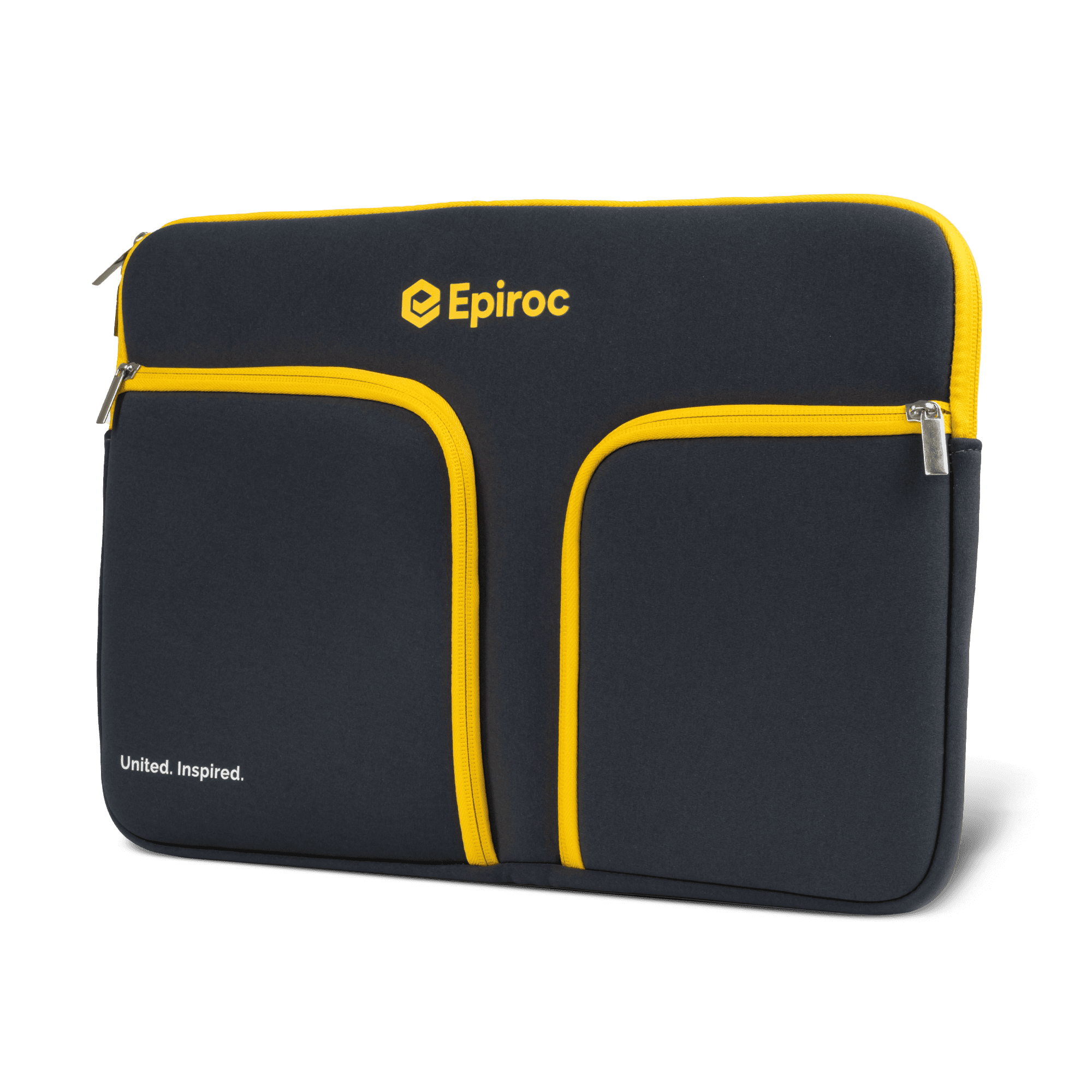 grey and yellow laptop bag with epiroc logo