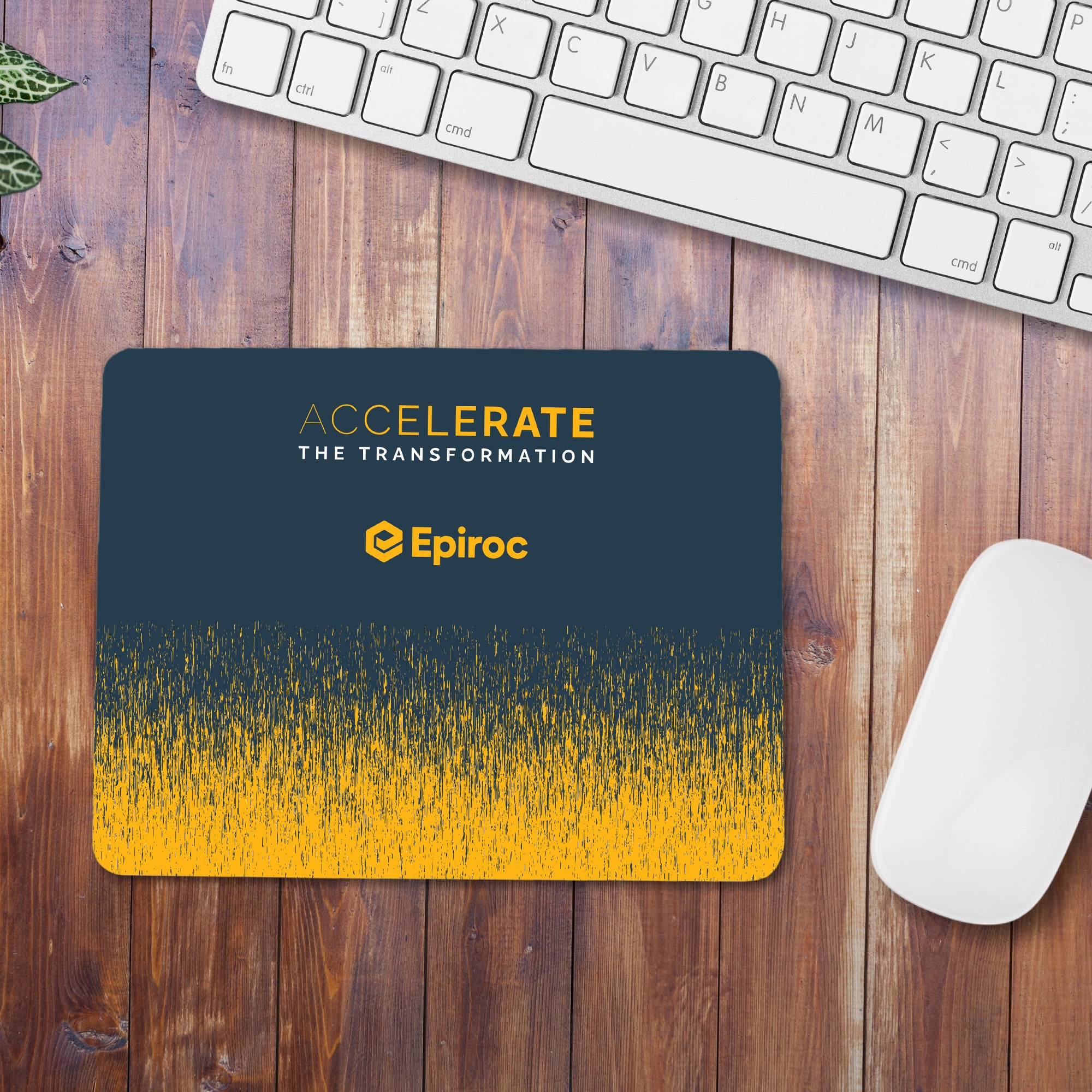 dark grey mouse pad with accelerate pattern and logo in yellow