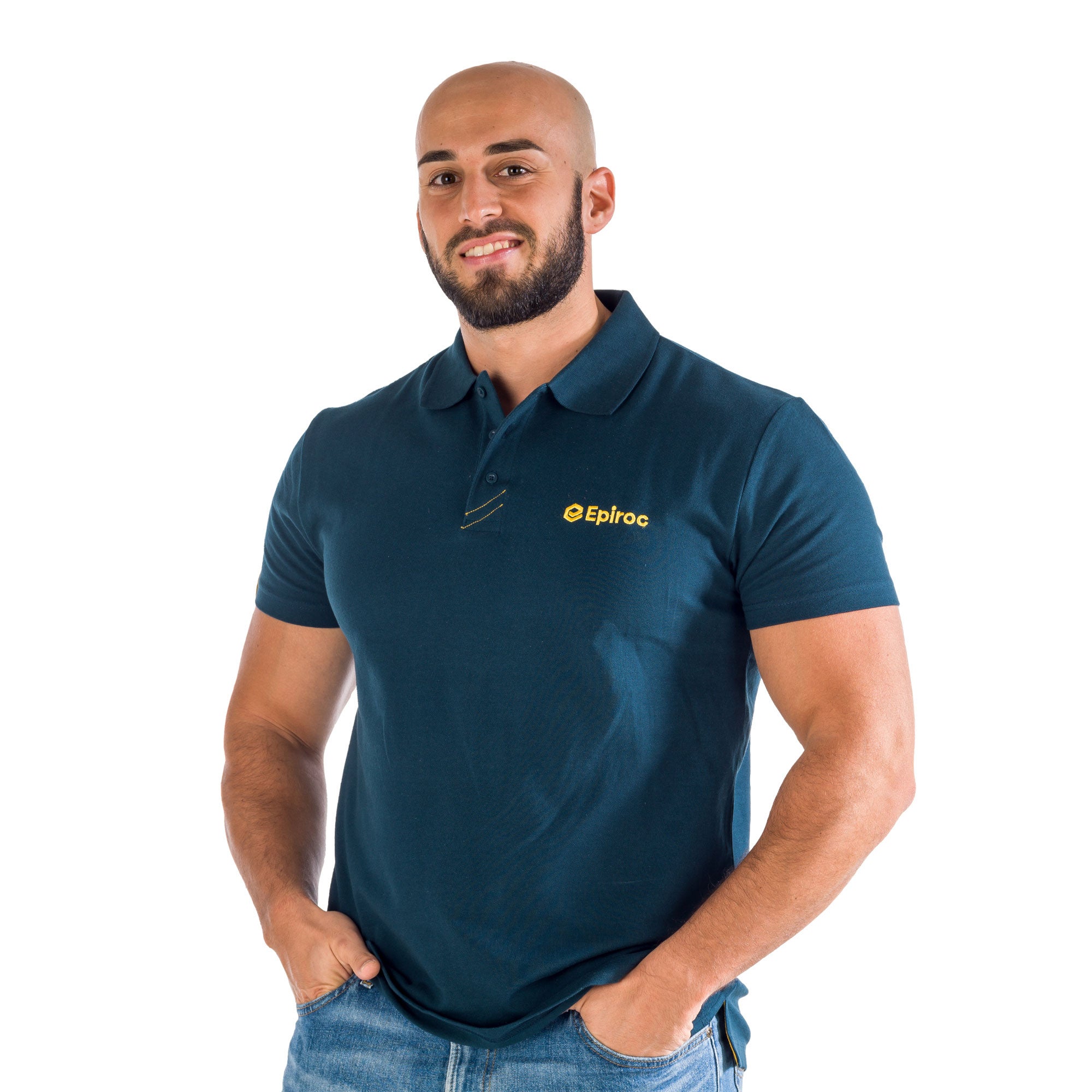 grey polo with yellow epiroc logo