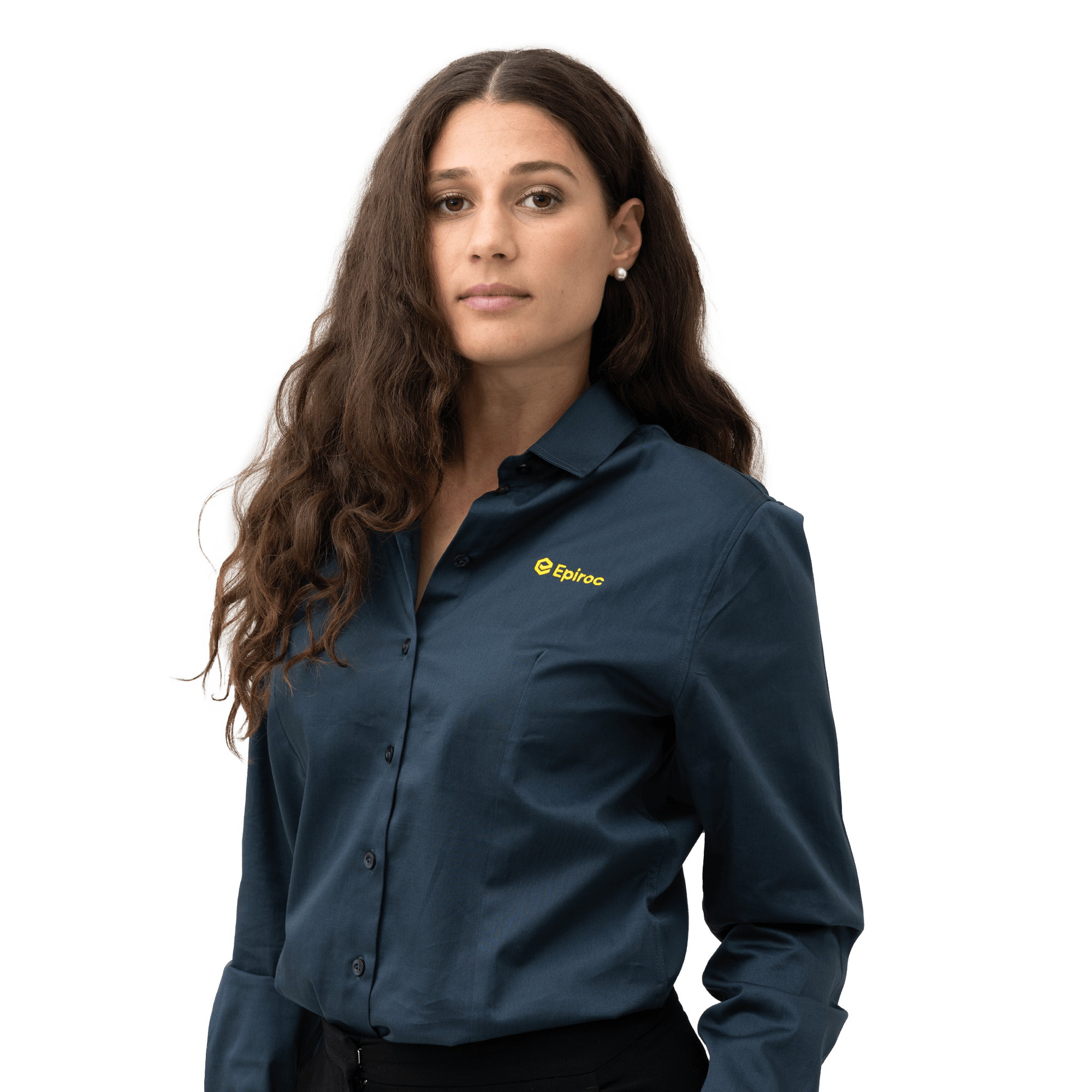 grey shirt with epiroc logo close up