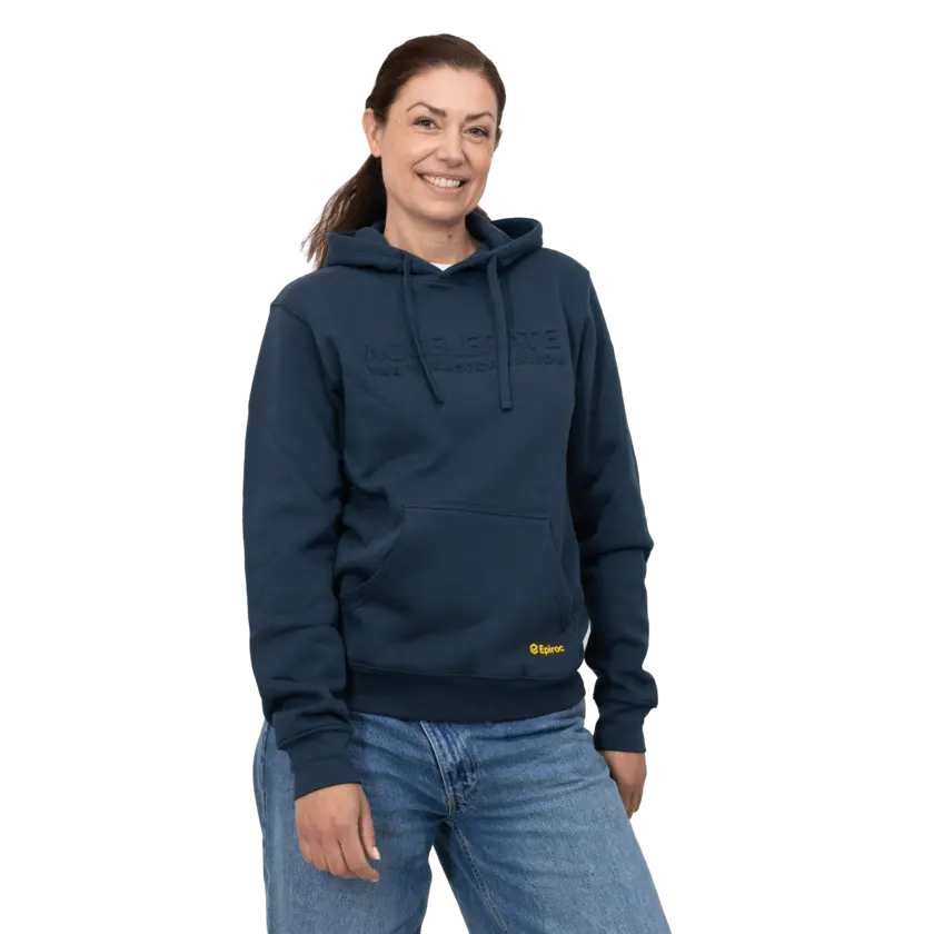 grey hoodie with accelerate text and epiroc logo on female model