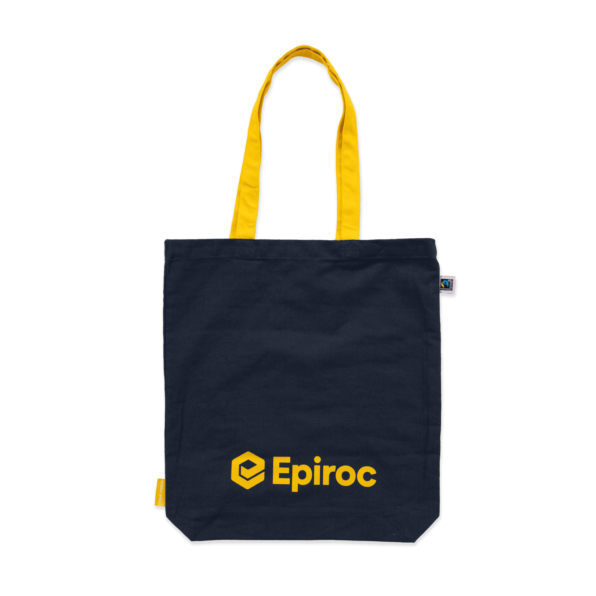 grey tote bag with yellow epiroc logo and straps