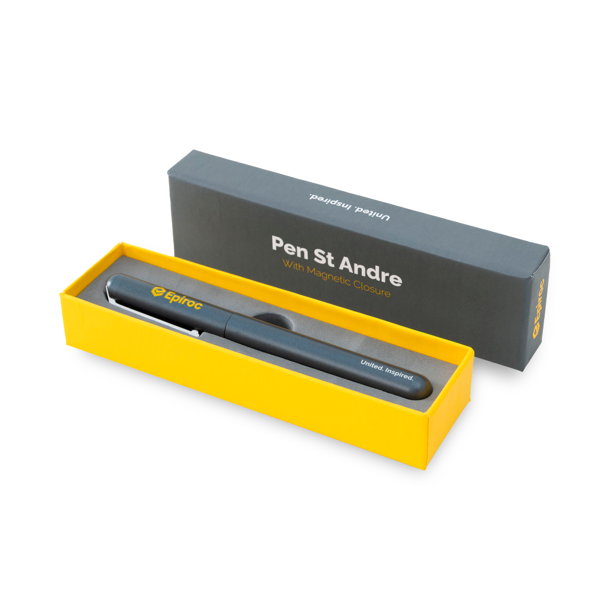 grey pen with yellow epiroc logo and box