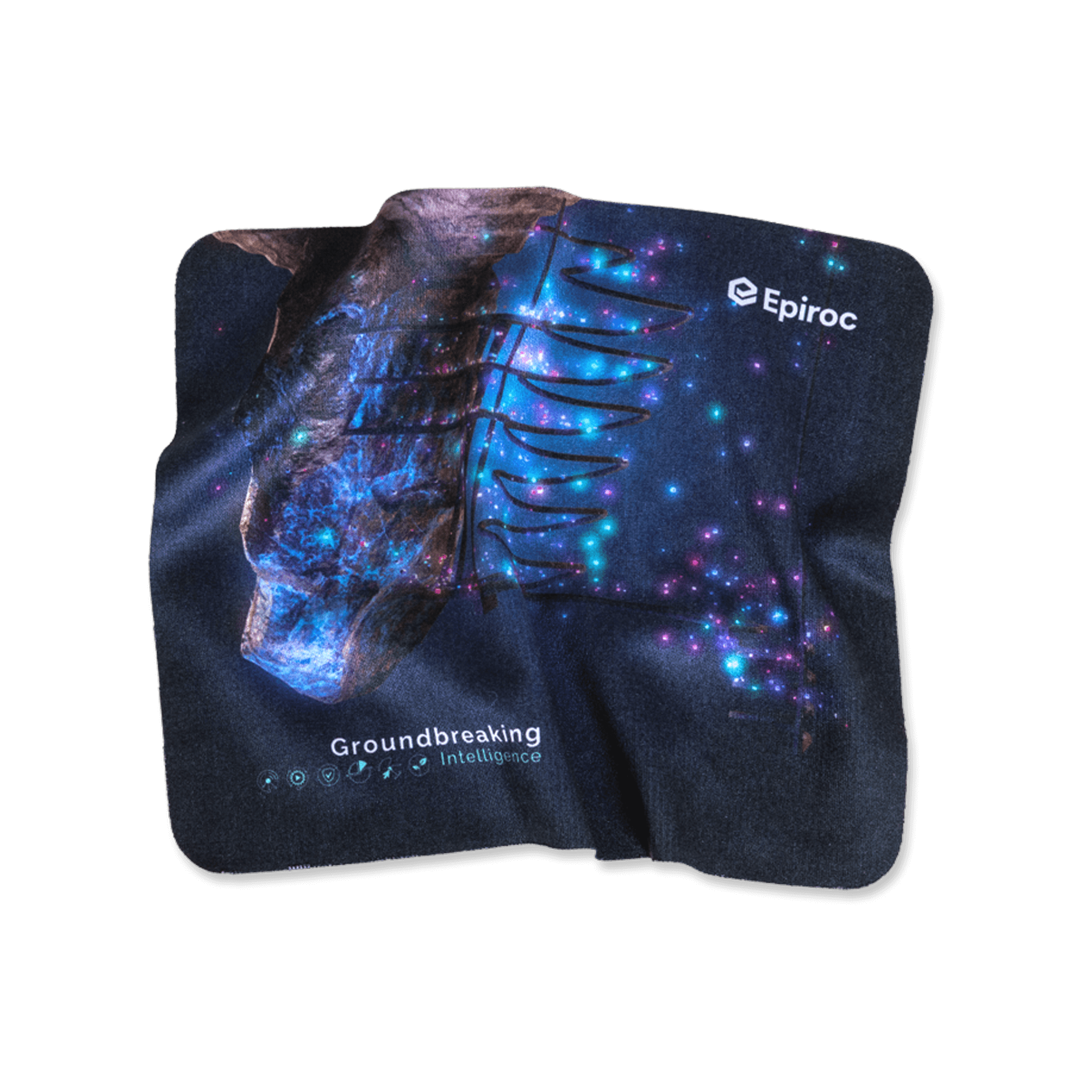 Epiroc mousepad with groundbreaking intelligence text and graphics