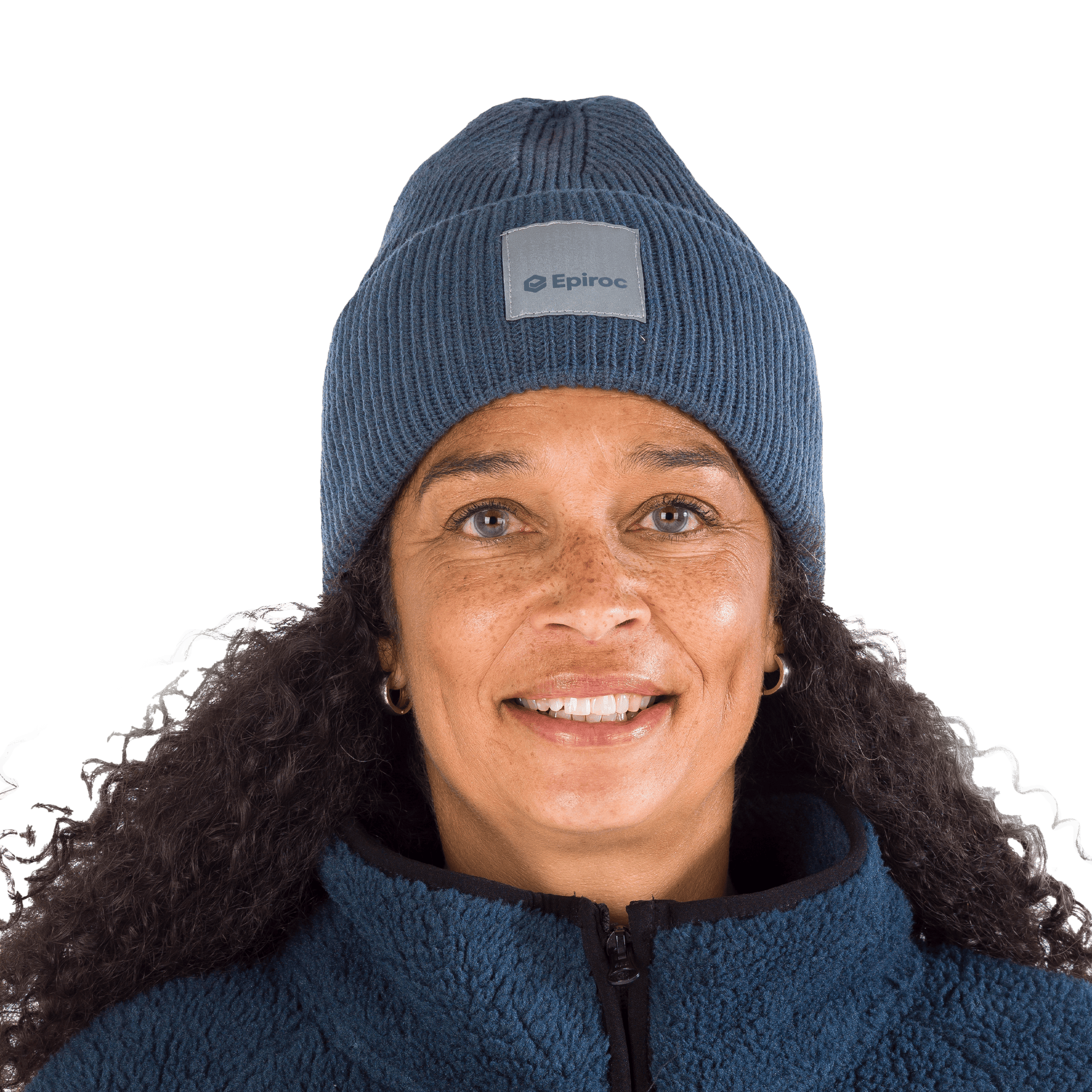 grey knitted hat with epiroc reflective label