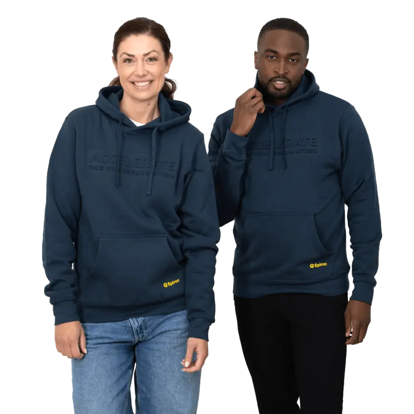 grey hoodie with accelerate text and epiroc logo with two models