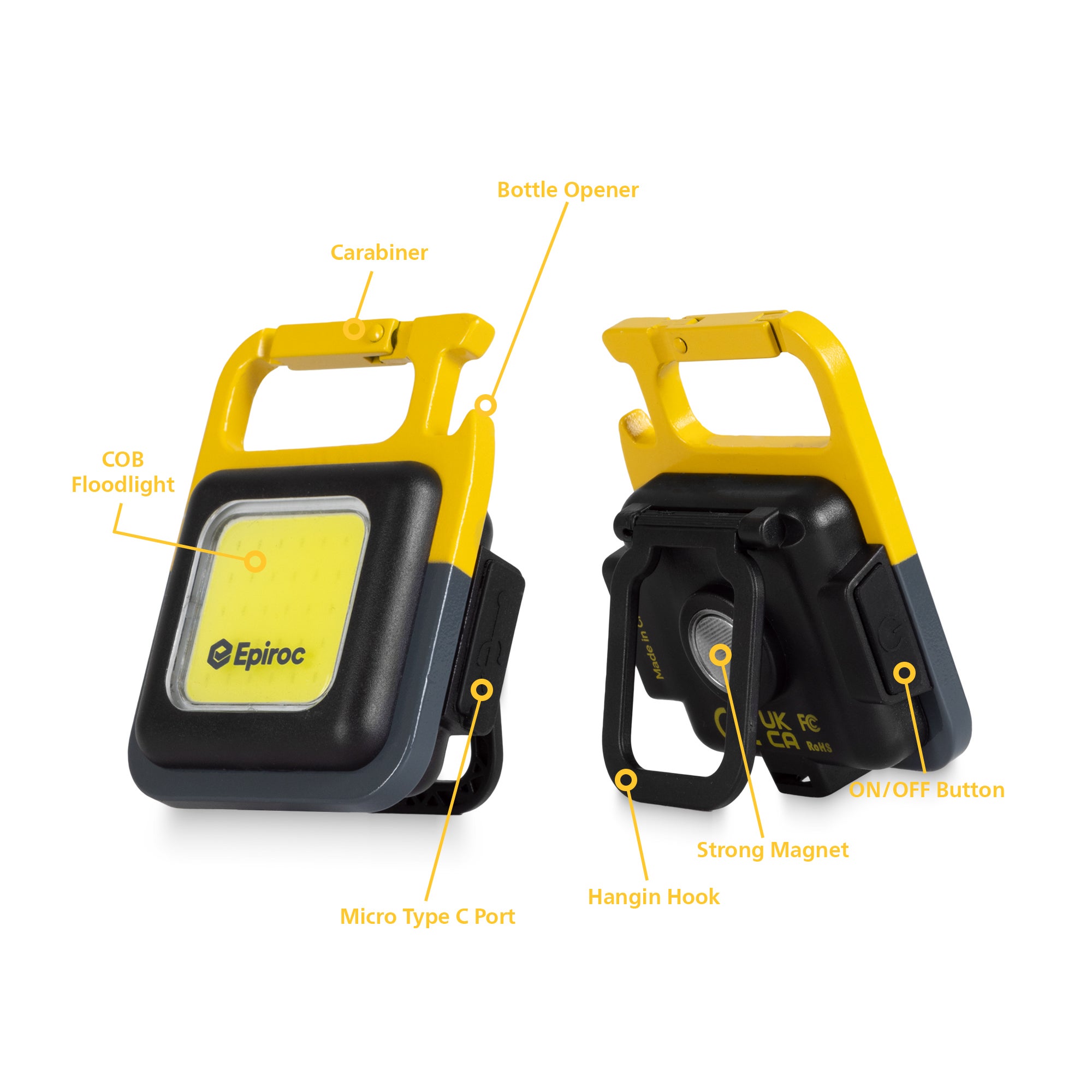 grey and yellow epiroc mini flashlight