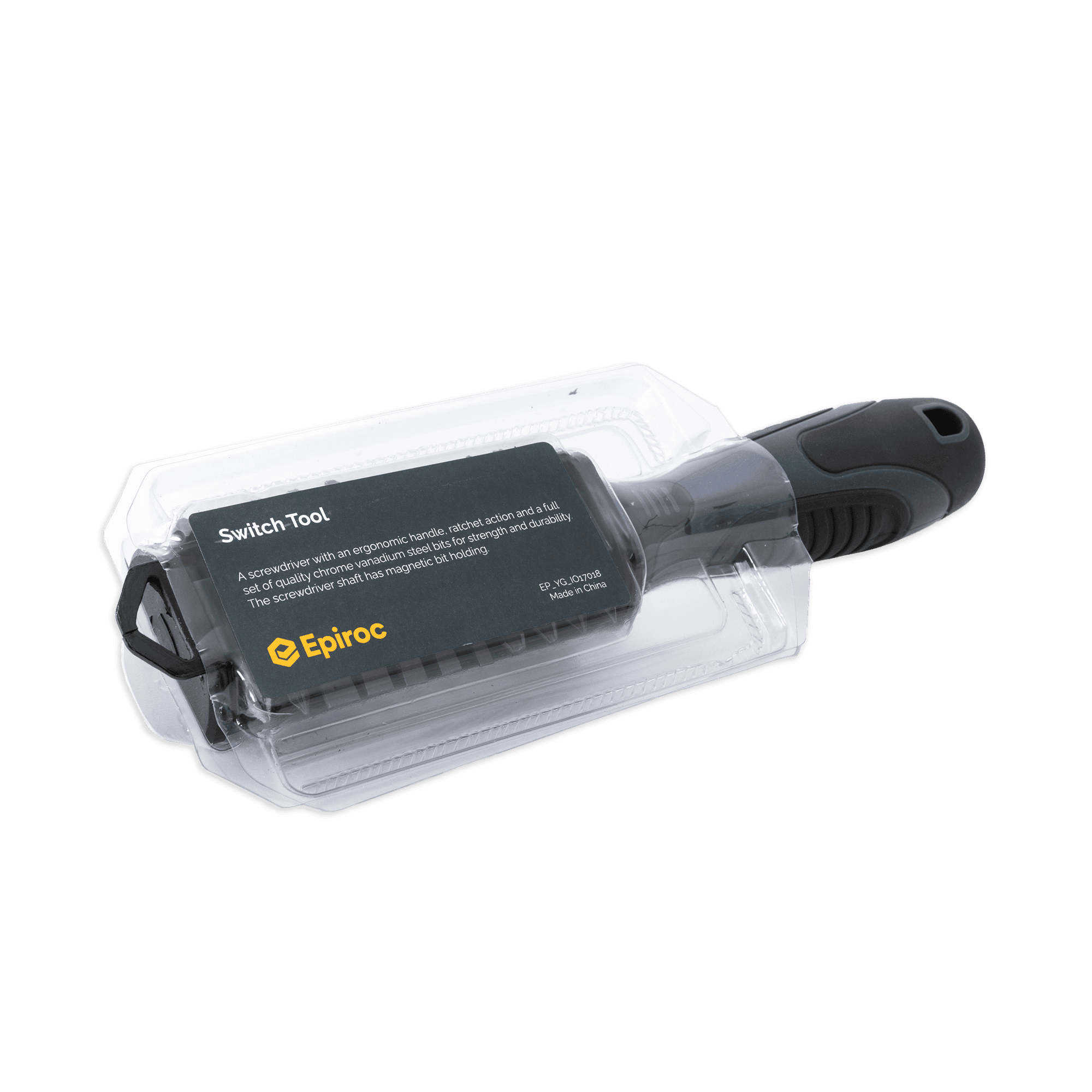 grey screwdriver and bits set with epiroc logo in packaging