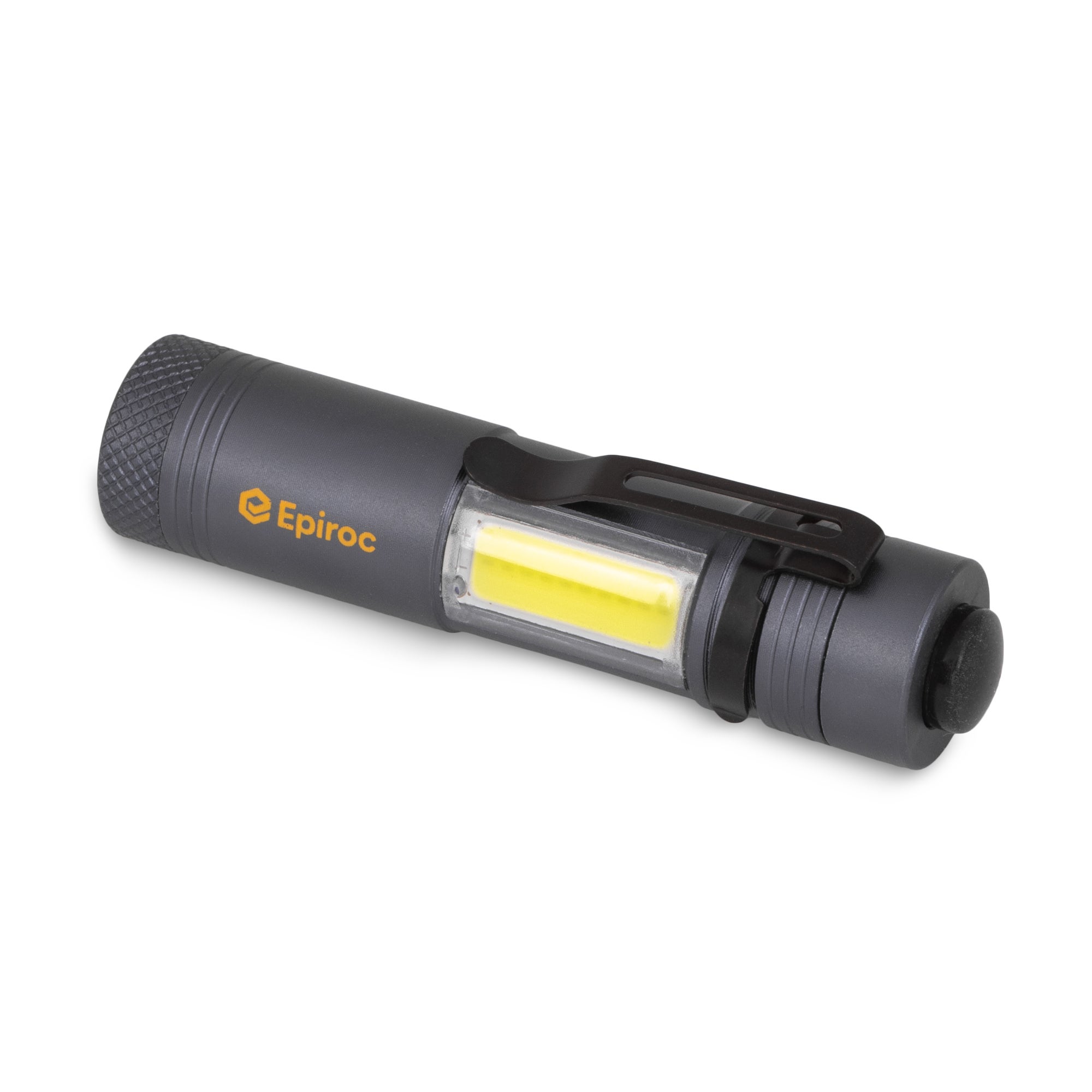 grey flashlight with yellow epiroc logo