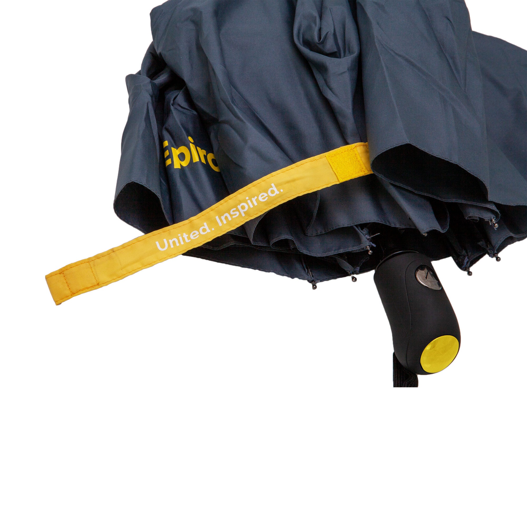 grey umbrella with epiroc logo yellow fold strap