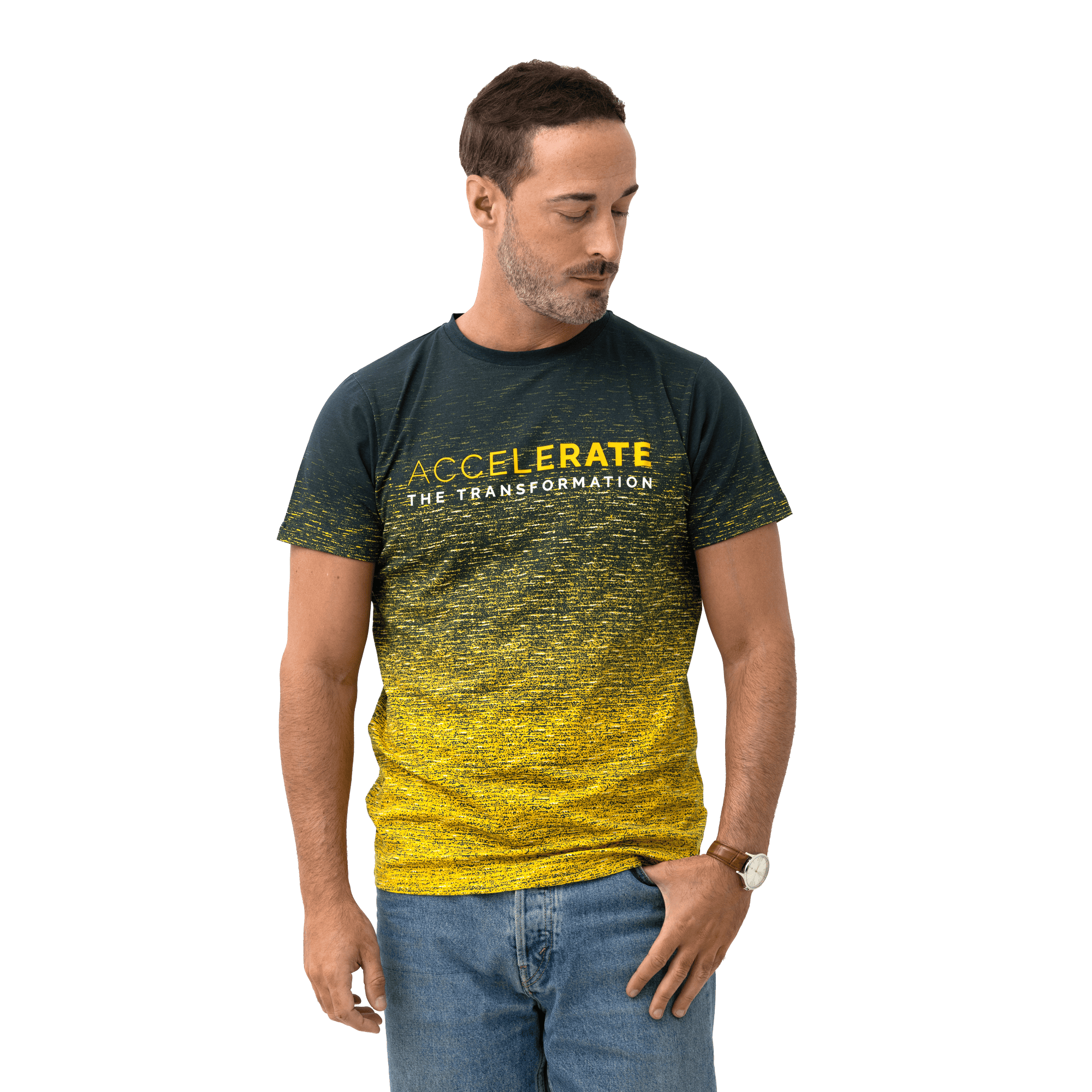 grey t-shirt with accelerate pattern in yellow on male model