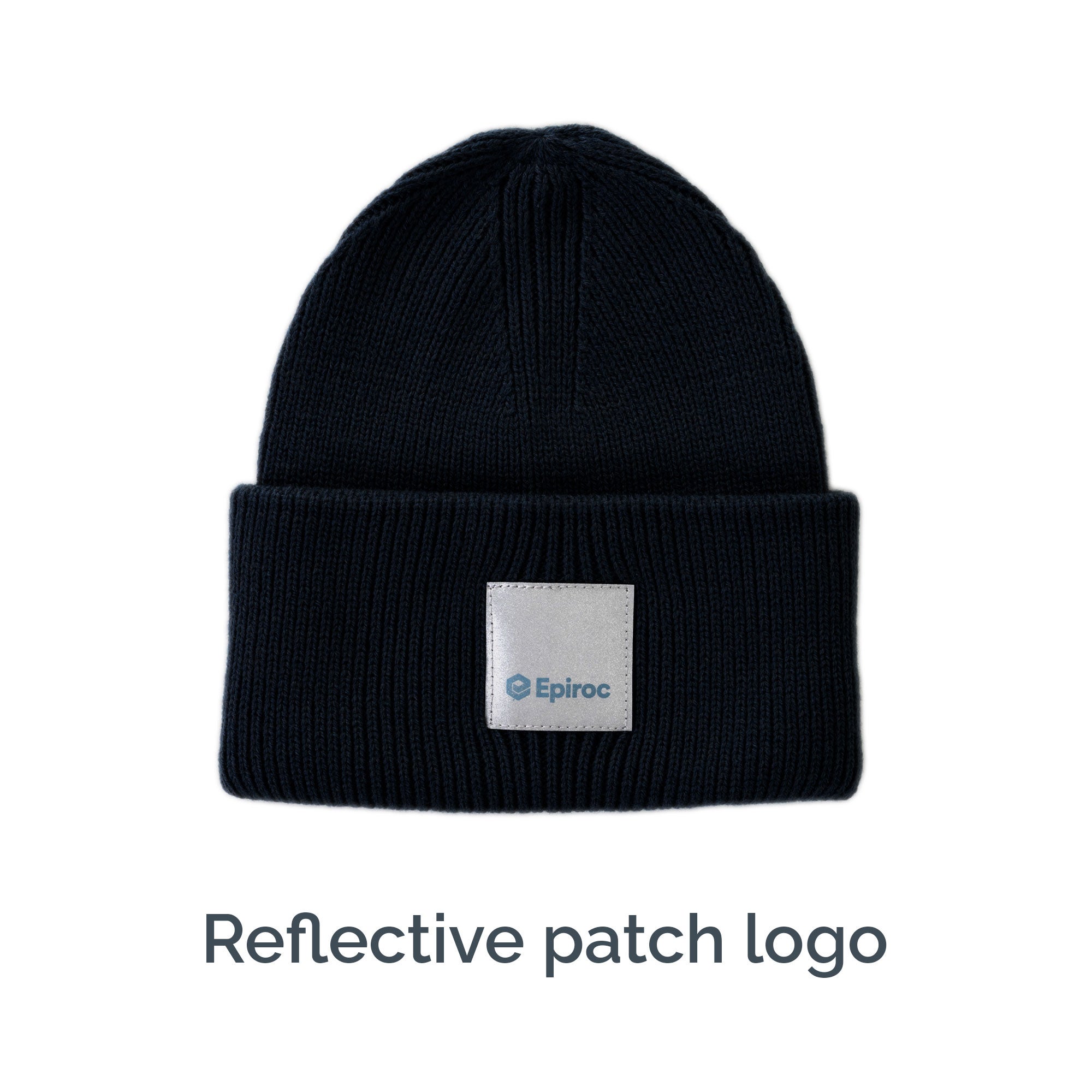 grey knitted hat with epiroc reflective label