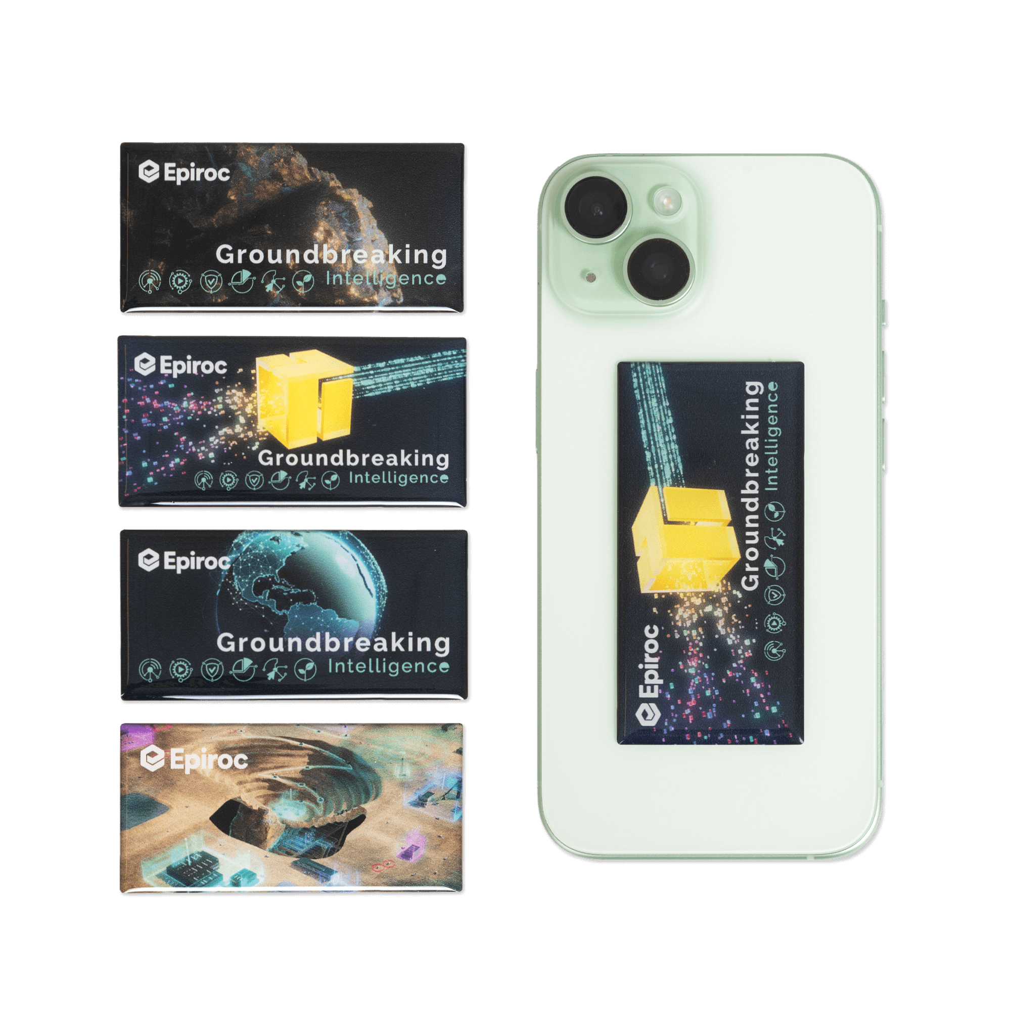 Epiroc stickers with groundbreaking intelligence text and graphics