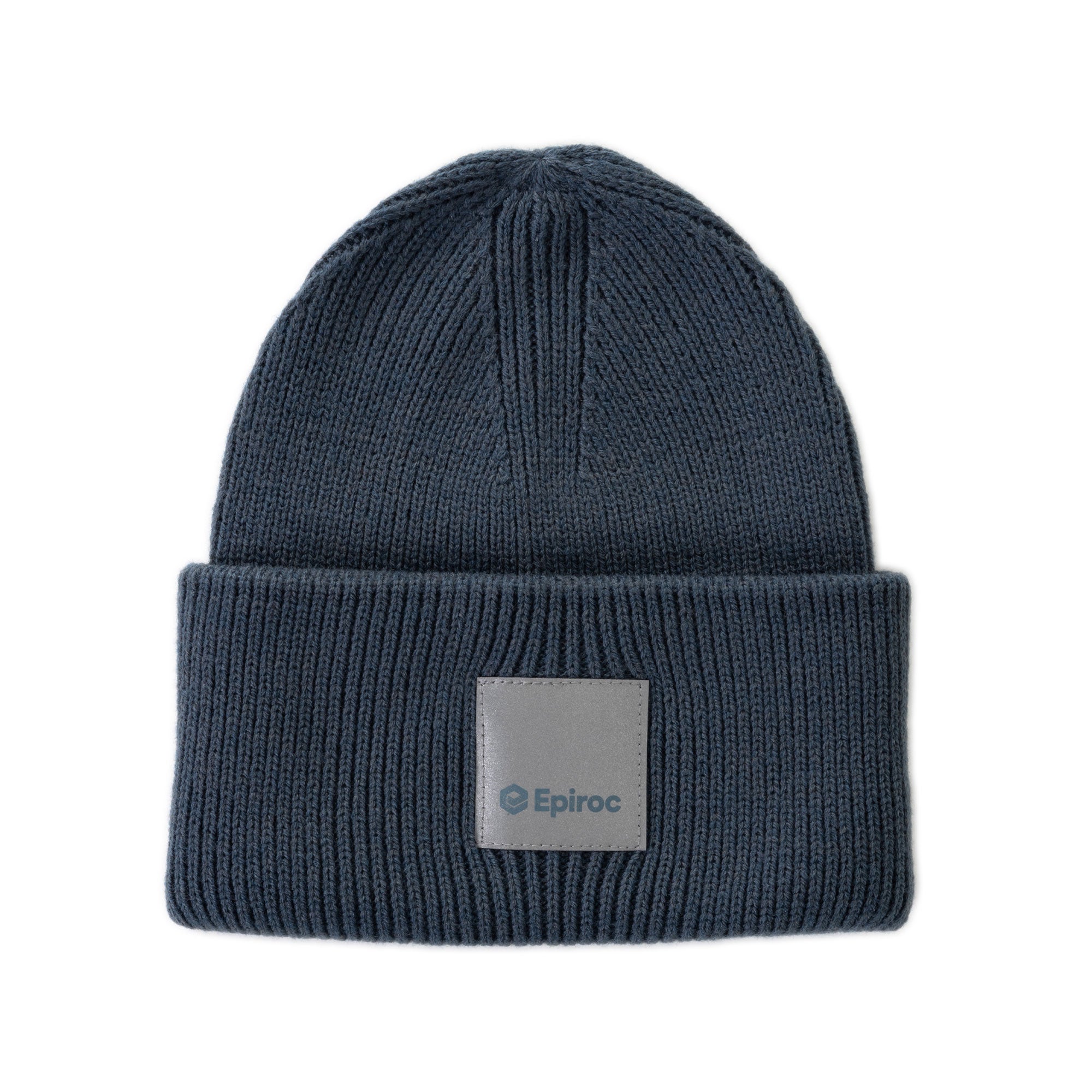 grey knitted hat with epiroc reflective label