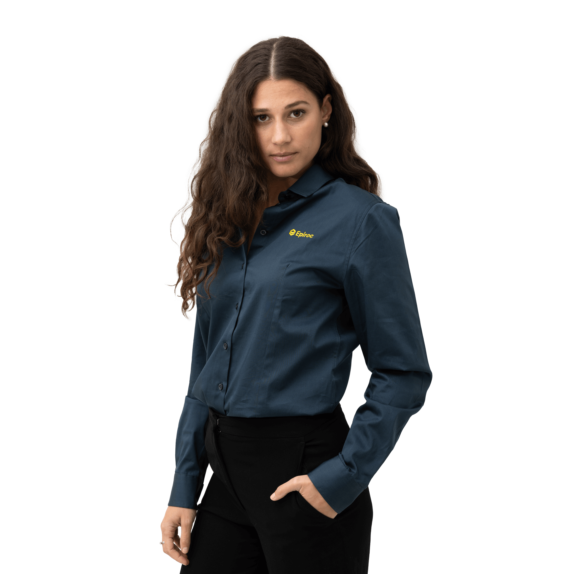 grey shirt with epiroc logo on model