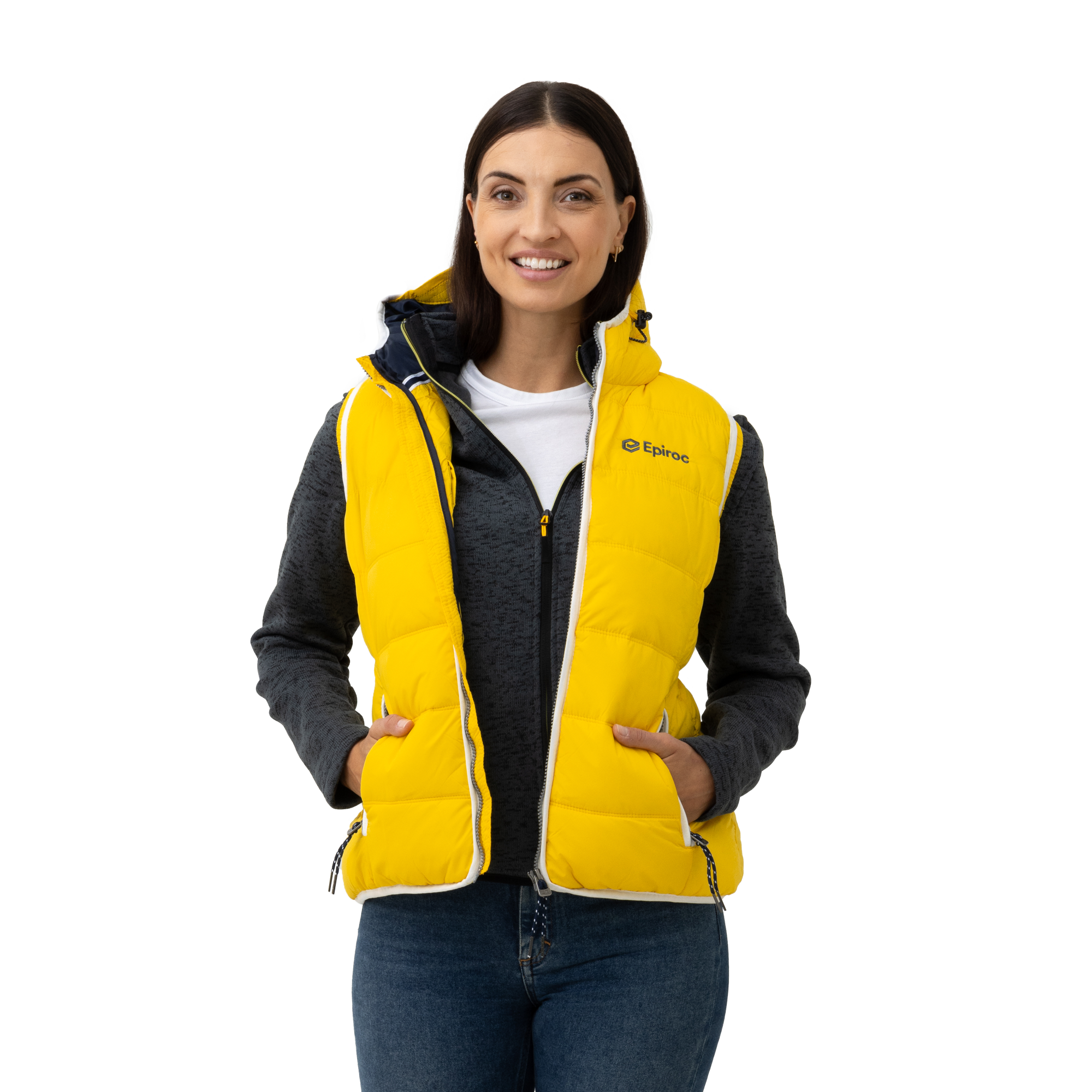 yellow epiroc padded vest with grey logo