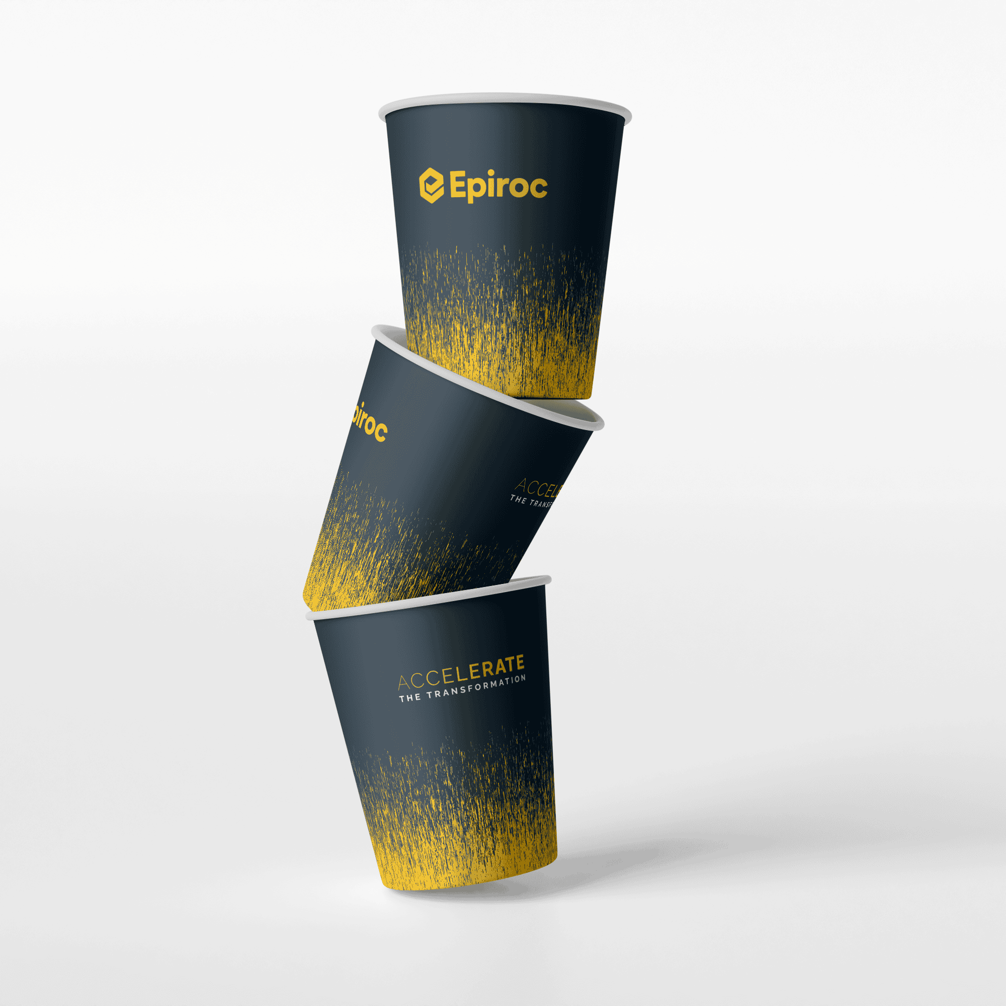 paper cup with epiroc logo stacked