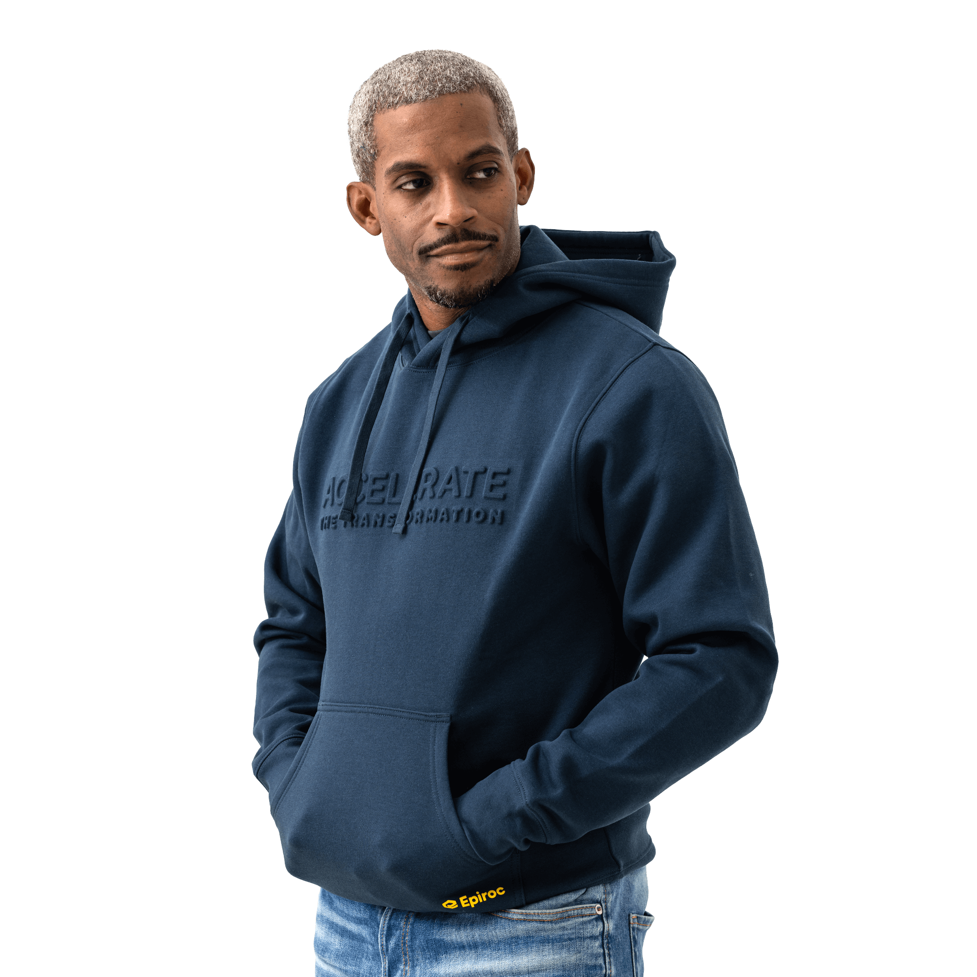 grey hoodie with accelerate text and epiroc logo on model