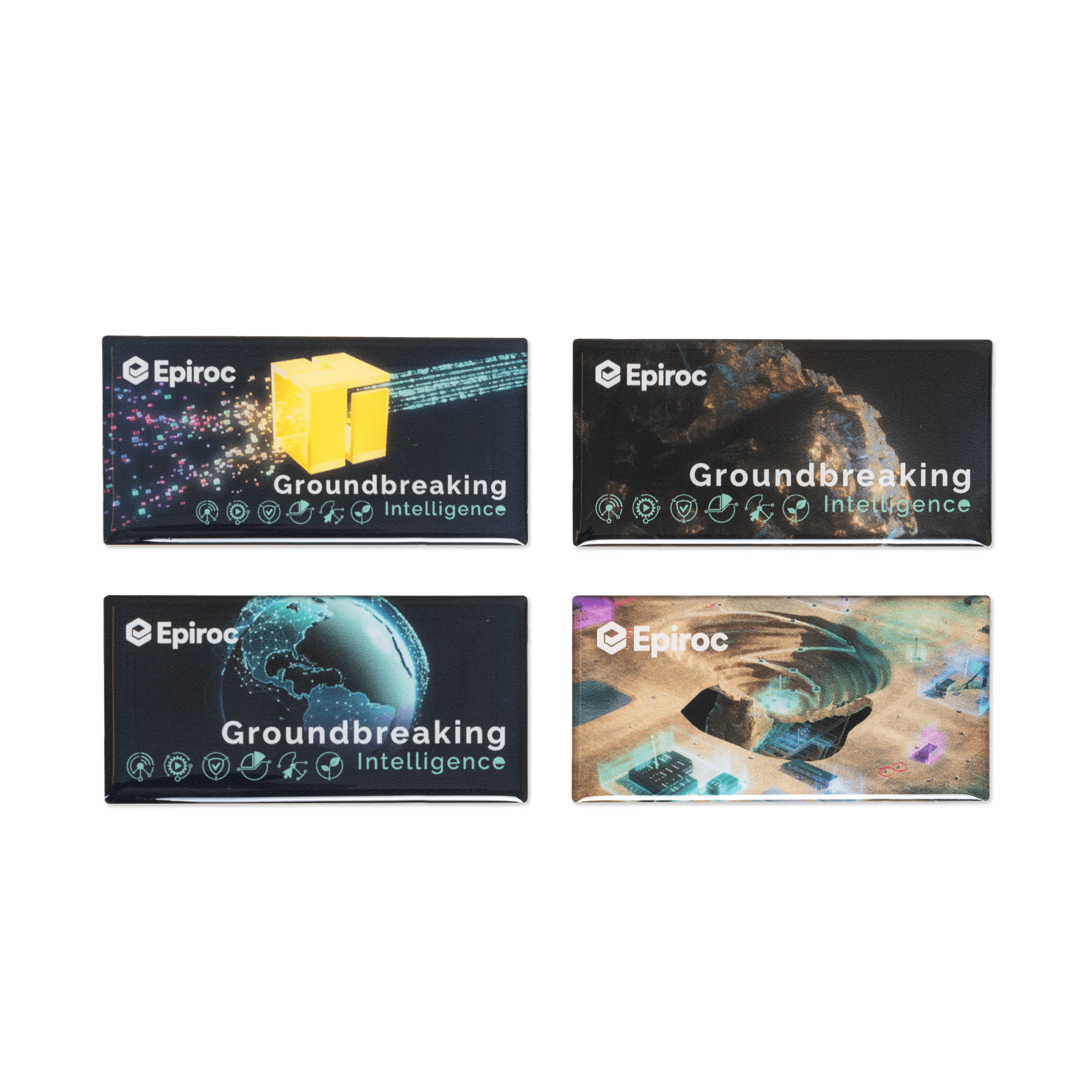 Epiroc stickers with groundbreaking intelligence text and graphics
