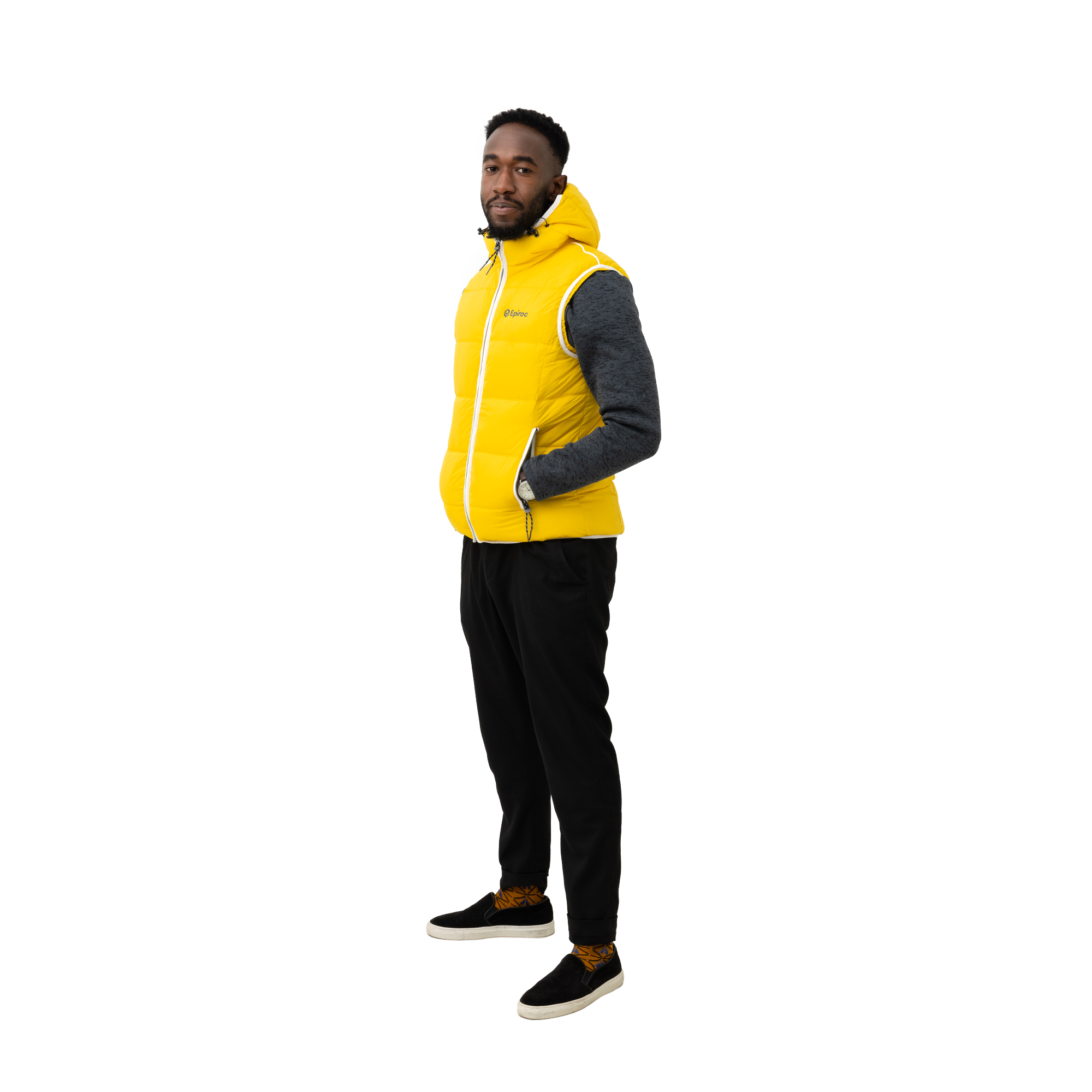 yellow epiroc padded vest with grey logo sideview